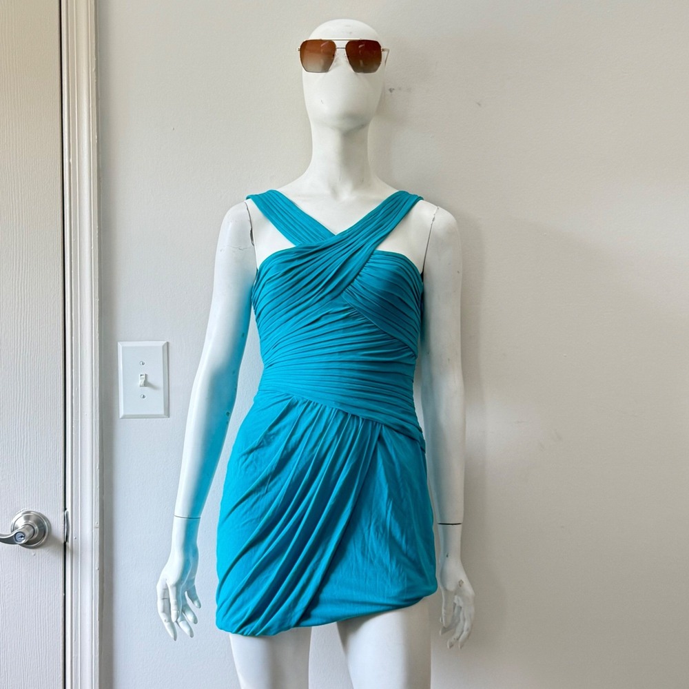 Vintage BCBG Max Azria Y2K Turquoise Mermaid Blue Ruched Bubble Mini Dress